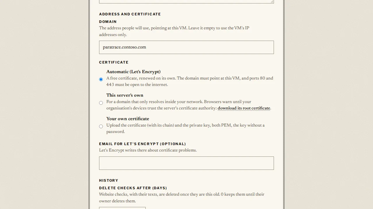 The setup page's address and certificate fields, with the domain paratrace.contoso.com and an automatic Let's Encrypt certificate chosen.